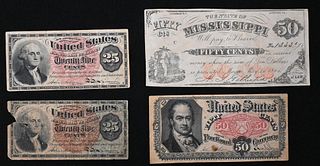Group of Four Small Bank Notes, to include two 25 cent fractional currency 1863 bank notes; one 50 cent fractional currency 1875 bank note along with 