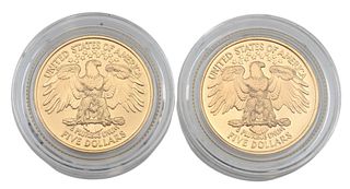 Two 5 Dollar Gold, 1999 George Washington, to include one uncirculated and one proof.