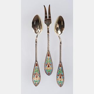 A Group of Continental Sterling Silver Spoons and Fork with Plique-à-jour Decoration, 19th Century.