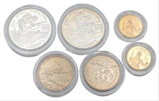 Six 1993 Korean War Coins, to include two copper/nickel half dollars, two silver one dollars, along with two 5 dollar gold (one uncirculated, one proo