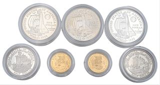 Seven Piece Coin Lot, to include one 5 dollar proof, one uncirculated 5 dollar, along with five 1992 Christopher Columbus coins to include one uncircu