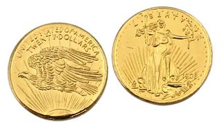 Two miniature replicas of 1908 Saint Gaudens Twenty Dollar Gold Pieces, marked United States of America Twenty Dollars Liberty 1908, 1.6 grams total w