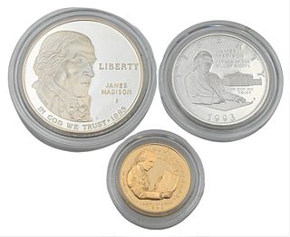 One 5 Dollar All Proof Gold, included in a 1993 three-piece Bill of Rights set (to include one silver half-dollar, one silver one dollar).