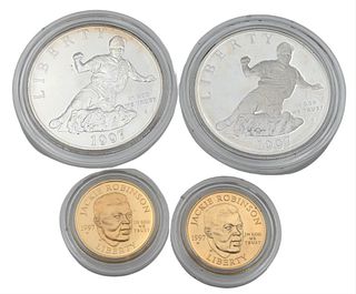Four Piece Coin Lot, to include two 5 dollar gold, having one uncirculated and one proof, along with 1997 Jackie Robinson set to include two silver 1 