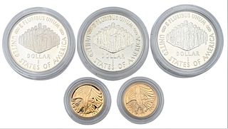 Five Piece 1987 Constitution Set, to include two 5 dollar uncirculated and proof gold, two uncirculated silver dollars, along with one proof silver do