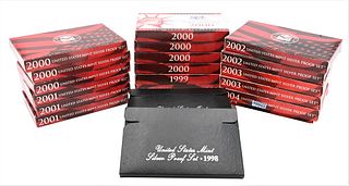 22 Silver Sets, to include four 1998 US silver proof sets (black); two 1999 US silver proof sets (red); seven 2000 US silver proof sets (red); three 2