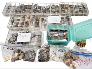 Seven Containers of Various Foreign Coins, including one container of euros, along with four bags.