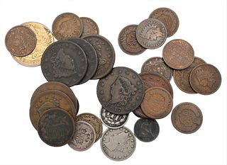 28 Piece Lot of US Coins, to include seven large cents, thirteen Indian head cents, one flying eagle cent, two two cents, nickel three cent, Barber fi