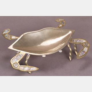 A Sterling Silver, Brass and Mother of Pearl Crab Form Center Bowl, 20th Century.