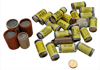 Large Lot of Coins, to include 22 uncirculated rolls of Sacagawea $1 coins, $550 face value; 3 rolls of Ike dollars; along with 1 roll of Kennedy 1974