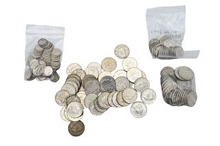 Lot of 44 40% Silver Half Dollars, along with 18 Kennedy 1964 silver half dollars; 8 Franklin half dollars, 2 Walking Liberty half dollars, $6.25 face