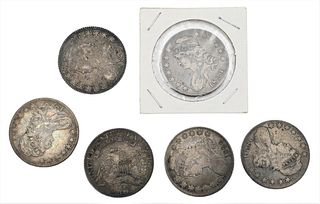Six Capped Bust Half Dollars, 1818, 1820, 1824, 1825, along with two 1829.