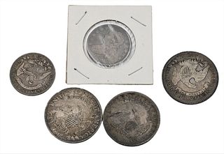 Large Lot of Coins, to include four capped bust coins, three half dollars, 1808, 1809, 1817; along with two quarter dollars, 1815, and 1818.