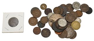 39 Piece Coin Lot, to include two Columbian half dollars, once cent, two cent, pennies, along with V nickels.