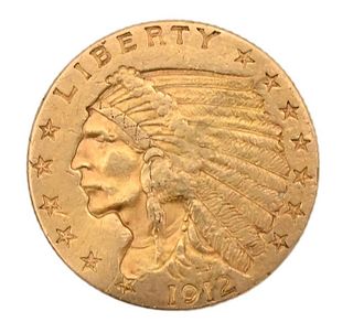 1912 Gold Indian 2 1/2 Dollar Gold, having small bend.
