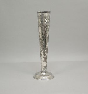 Sheffield Silver on Copper Tall Vase with Grape Relief.