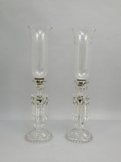Pair of Drop Luster Candlesticks with Etched Shades.