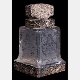 A Continental Etched Crystal and Silver Decanter, 19th Century.