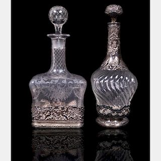 Two Silver Overlay Glass Decanters, 19th Century.
