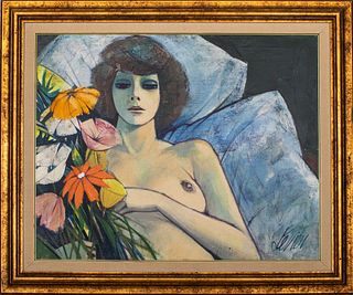 Charles Levier 'Nude with Flowers' Oil on Canvas
