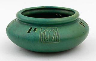 Arts & Crafts Matte Green Scarab Motif Bowl