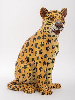 Polychrome Glazed Ceramic Sculpture of a Cheetah