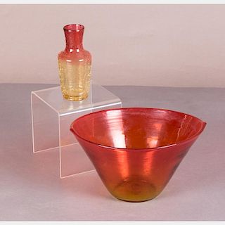 An Amberina Art Glass Center Bowl and Vase, 20th Century.