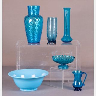 A Collection of Blue Glass Vases, Bowls, Compote and Pitcher, 20th Century.