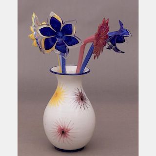 A Group of Murano Glass Flowers in an Earthenware Vase, 20th Century.