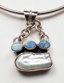 Milor Italian Silver Opal & Pearl Pendant Necklace