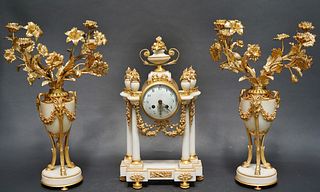 19th C. French Gilt Bronze & Carrara Marble Clock Set