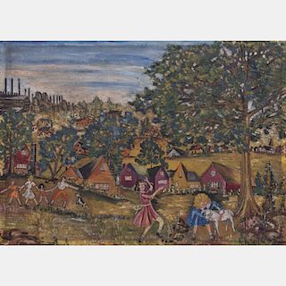 A. Klein (20th Century) Country Village Scene with Figures, Oil on canvas,