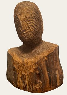 Mid Century Wood Carved Tree Trunk of a Bust 