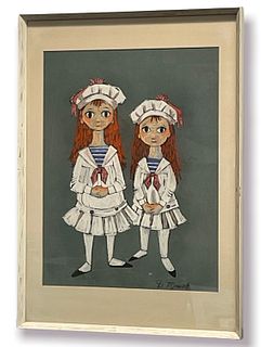 Signed D. MEUSH Pastel of Two Sailor Girls
