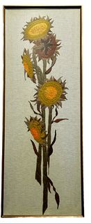 Mid Century Embroidery on Textile of Sunflower Blooms 