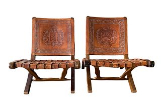 Pair of Mid Century Folding Leather Strap Chairs 