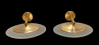 Pair of Mid Century Gold Chrome and Frosted Glass Saucer Lights 