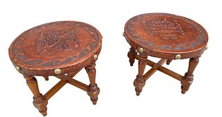 Pair of Mid Century Peruvian Hand Tooled Leather Top Stools 