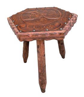 Mid Century Peruvian Hand Tooled Leather Top Stool