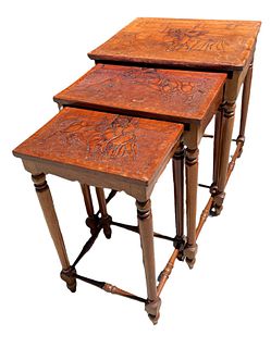 Set of Mid Century Peruvian Hand Tooled Leather Top Nesting Tables