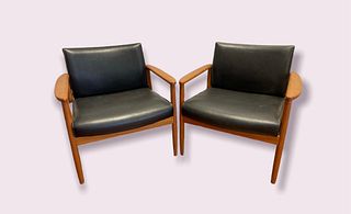 Pair of Mid Century Danish Modern Teakwood and Leather Club Chair 