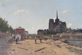 French School, 19th C. Painting of Notre Dame