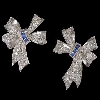 PAIR OF DIAMOND AND SAPPHIRE BOW EARRINGS/BROOCHES