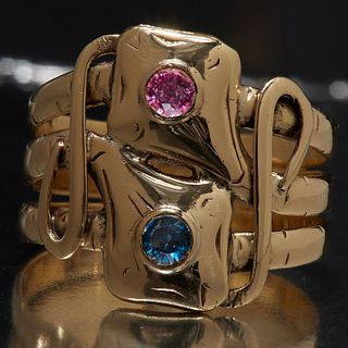 STYLIZED SAPPHIRE AND RUBY DOUBLE SNAKE RING