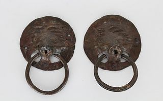 Pair of Roman Bronze Lion Head Handles