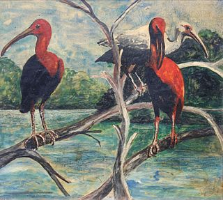 Encaustic Painting of Florida Ibis Birds, Signed
