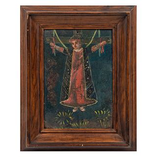 ANÓNIMO. Crucifixión. Óleo sobre lámina. Enmarcada. 30 x 21 cm.