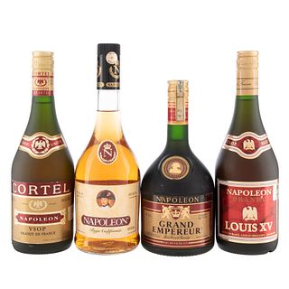 Lote de Brandy de México y Francia. Cortel. Louis XV. Grand Empereur. En presentaciones de 700 ml. y 750 ml. Total de piezas: 4.