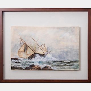 Artist Unknown (19th Century) Coastal Scene with Sailboats on Rocks, Watercolor on paper,