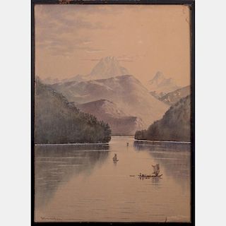 Theodore J. Richardson (1855-1914) Lake Scene with Mountains, Watercolor on paper,
